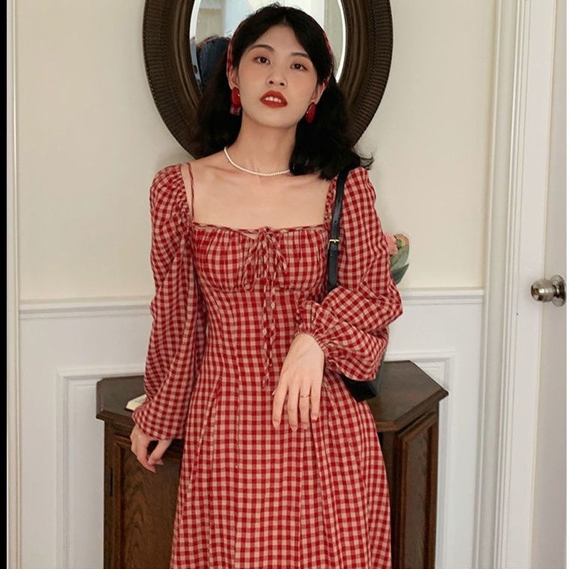 Đầm tay dài họa tiết sọc caro phong cách cổ điển kiểu dáng mới