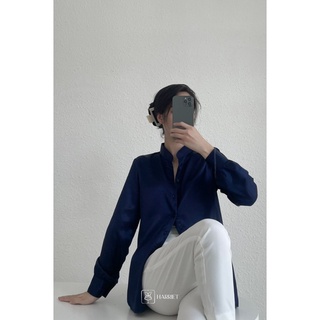 Áo sơ mi nữ cổ tàu xanh than đen phi bóng basic Ocean Harriet