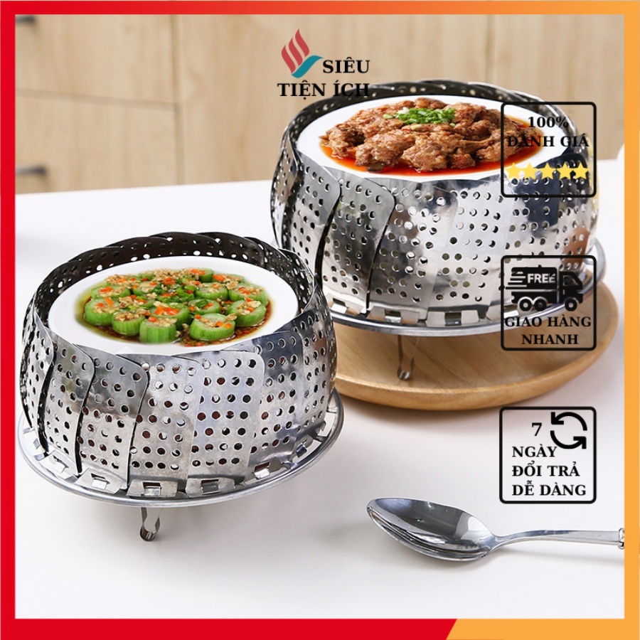 Khay/ xửng / vỉ hấp inox xòa cánh đa năng 3 chân hấp bánh bao rau củ đồ ăn