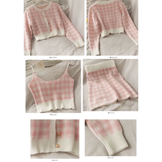 Set 3 món caro áo khoác cardigan len kèm áo 2 dây len và chân váy len hồng tím oder taobao