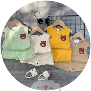 Bộ ba lỗ gấu nâu, bộ quần áo chất xô muslin cho bé trai từ 7 đến 19 kg, SUN KID'S