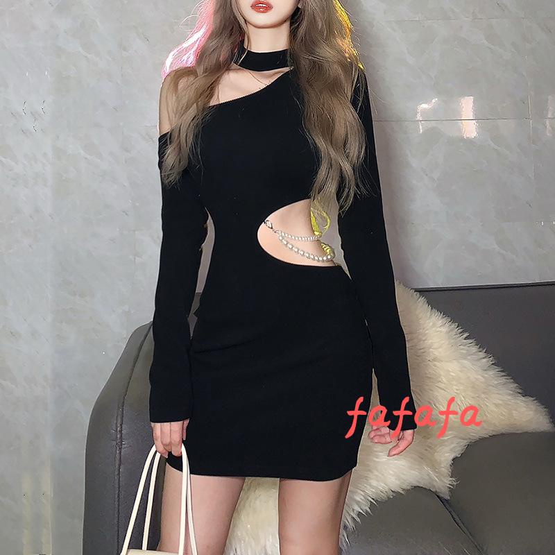Đầm Ôm Tay Dài Hở Vai Màu Trơn Đính Ngọc Trai Giả Thời Trang Mùa Thu Dành Cho Nữ
