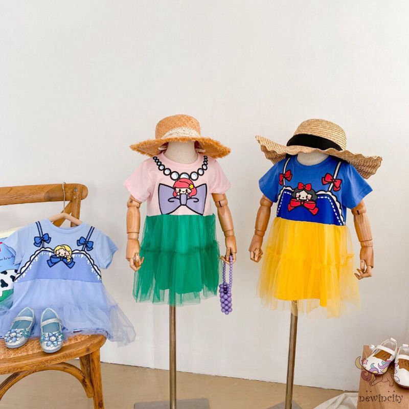 Đầm Cotton Ngắn Tay In Họa Tiết Hoạt Hình Thời Trang Mùa Hè Hàn Quốc Cho Bé Gái