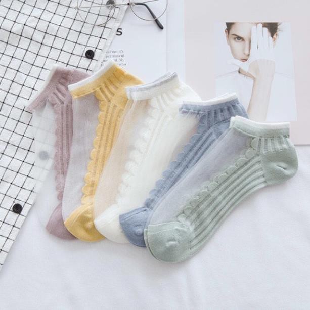 Set 10 Đôi Tất Ren Lụa Phối Gân Kẻ Hot Trend