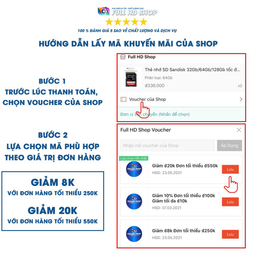 Thẻ nhớ SD Sandisk 32Gb/64Gb/128Gb tốc độ cao 95 Mb/s - FullHDShop | BigBuy360 - bigbuy360.vn