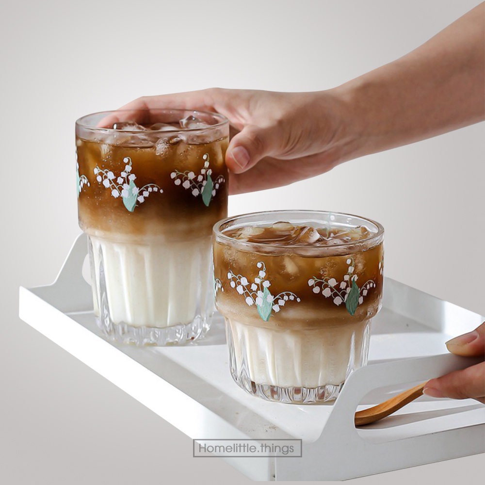 Ly, cốc thủy tinh uống nước, cà phê có đáy vân sọc dọc kiểu Vintage cổ điển