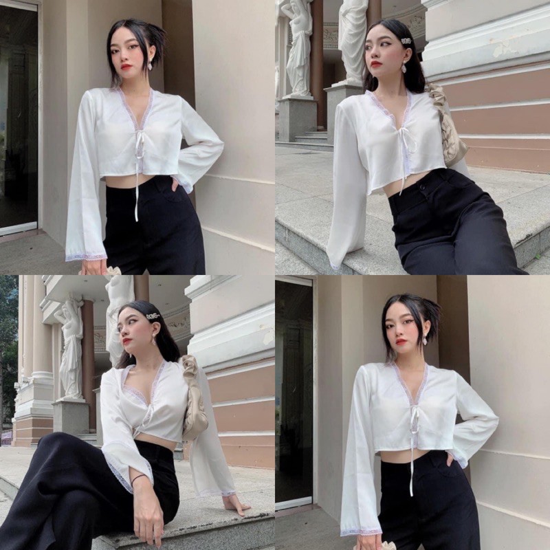 ÁO NONE TOP CROPTOP VÀ QUẦN JACKI PANTS- áo chất lụa ko nhăn phối ren , quần cotton lạnh cao cấp dày dặn đứng from