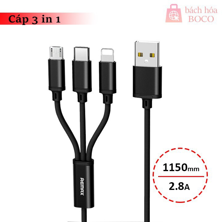 CÁP SẠC REMAX RC 131th 3 ĐẦU LIGHTNING MICRO USB TYPEC SẠC CHO TẤT CẢ ĐIỆN THOẠI IPHONE SAMSUNG