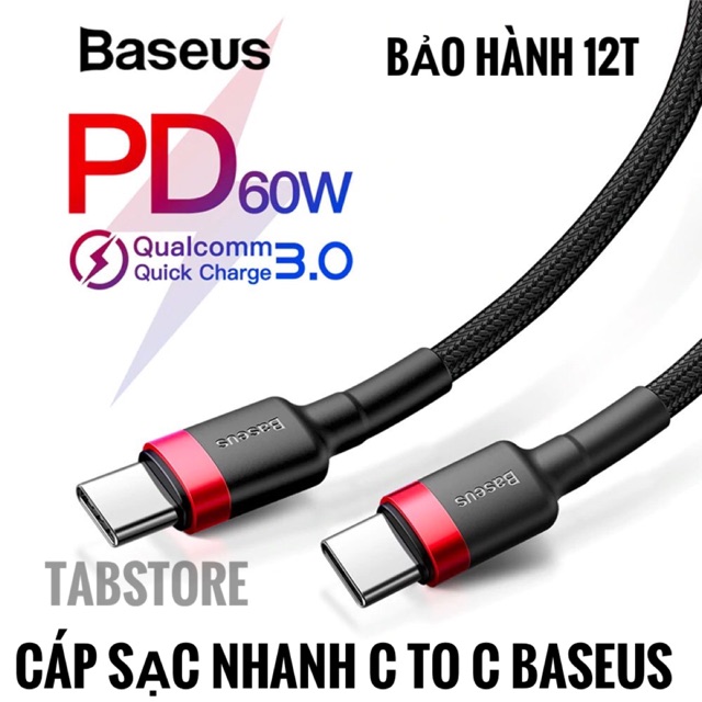 [Mã ELFLASH5 giảm 20K đơn 50K] Cáp Sạc Nhanh Basues C to C (3A, 60W, PD, QC3.0)