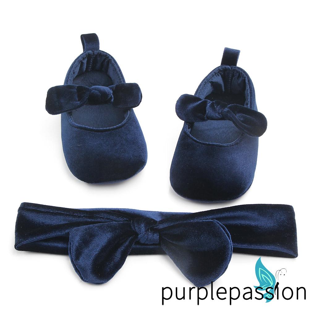 Giày nhung và băng đô nhung thắt nơ thời trang cho be stuwf 0 - 18 tháng tuổi
