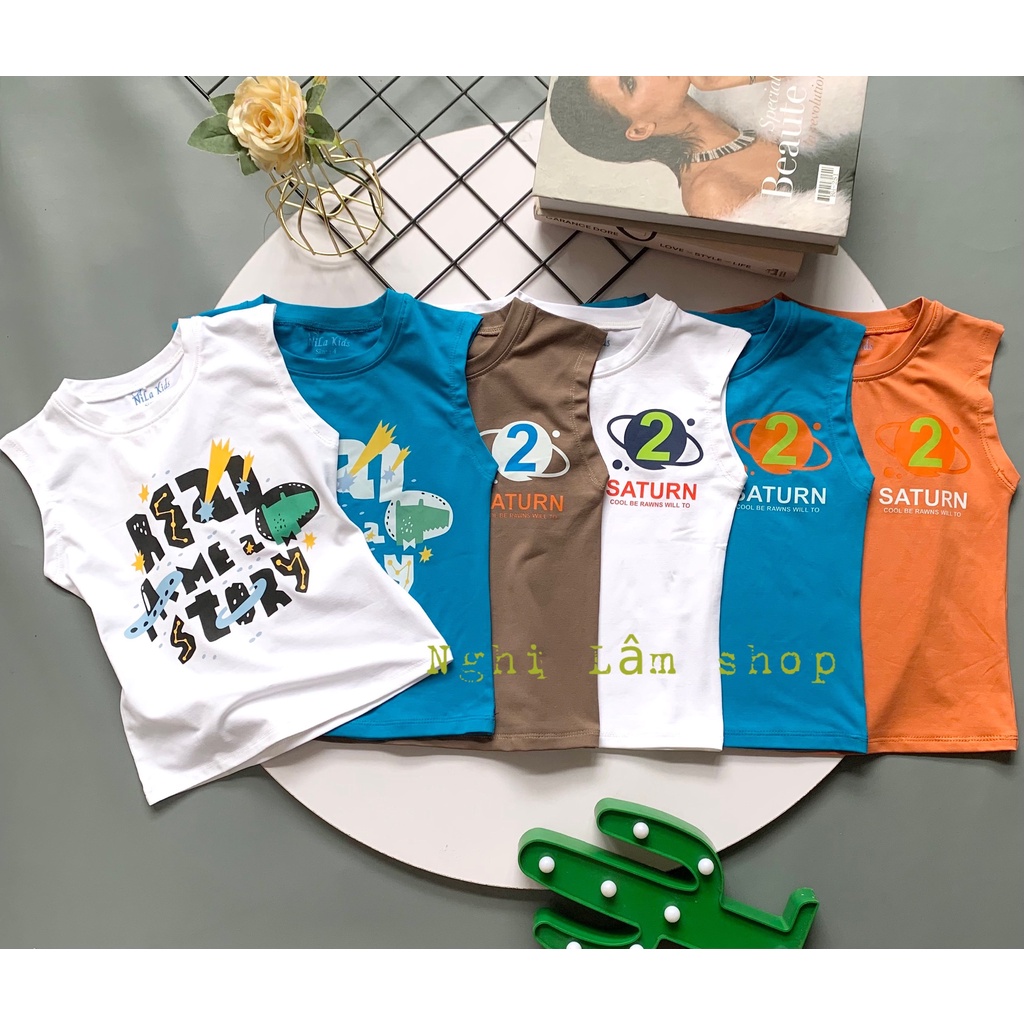 Áo thun sát nách bé trai vai liền chất liệu thun cotton 100% co giản 4 chiều cho bé từ 8-36kg