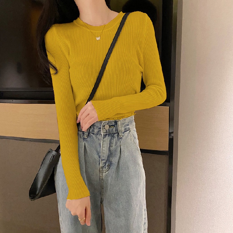 Áo sweater IELGY dài tay cổ tròn dáng ôm vừa vặn thời trang châu Âu dành cho nữ