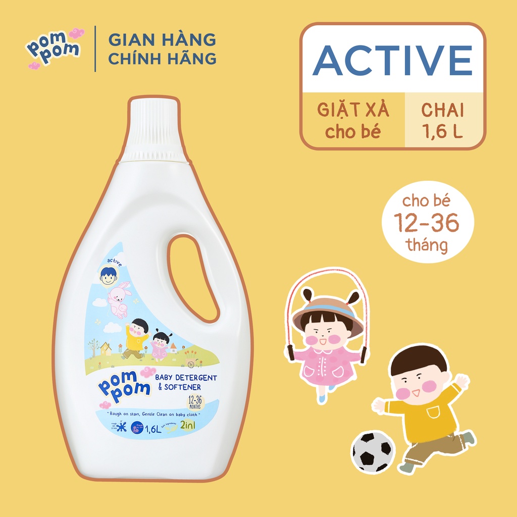Chai Nước Giặt Xả 1.6L - PomPom Active Cho Bé 12-36 Tháng