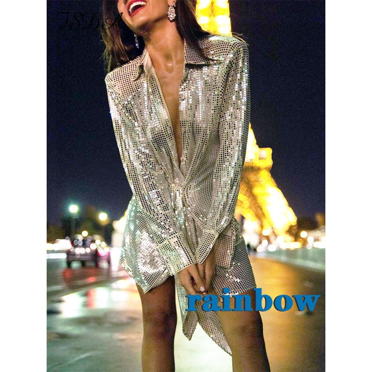 Đầm tay dài cổ chữ V đính kim sa lấp lánh thời trang cho nữ