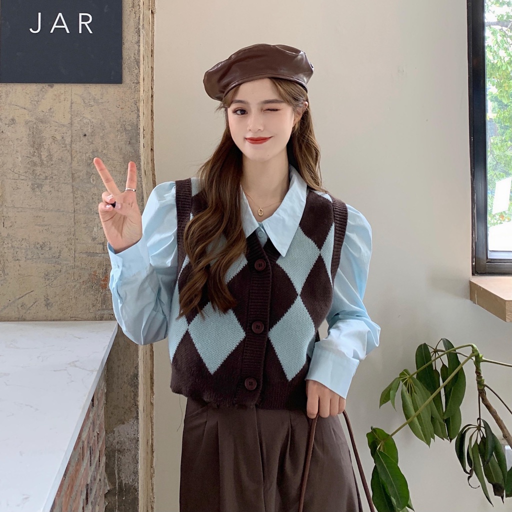 Áo len không tay họa tiết sọc theo phong cách Hàn Quốc
