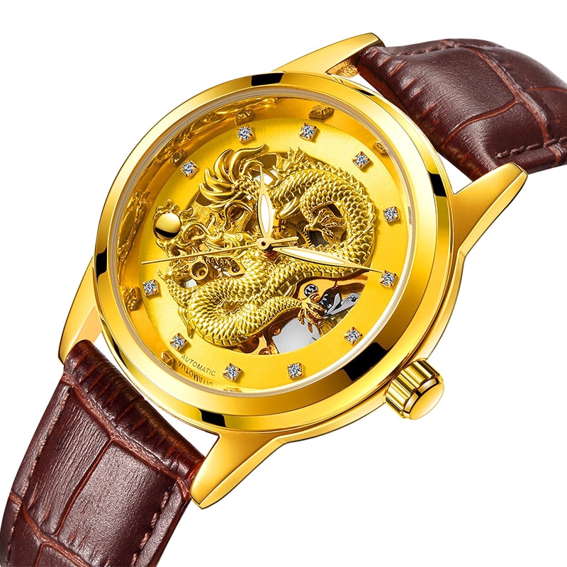 LANGLEY 3D Dragon Design Genuine Leather/Full Stainless Steel Automatic Mechanical Watch Double press butterfly clasp