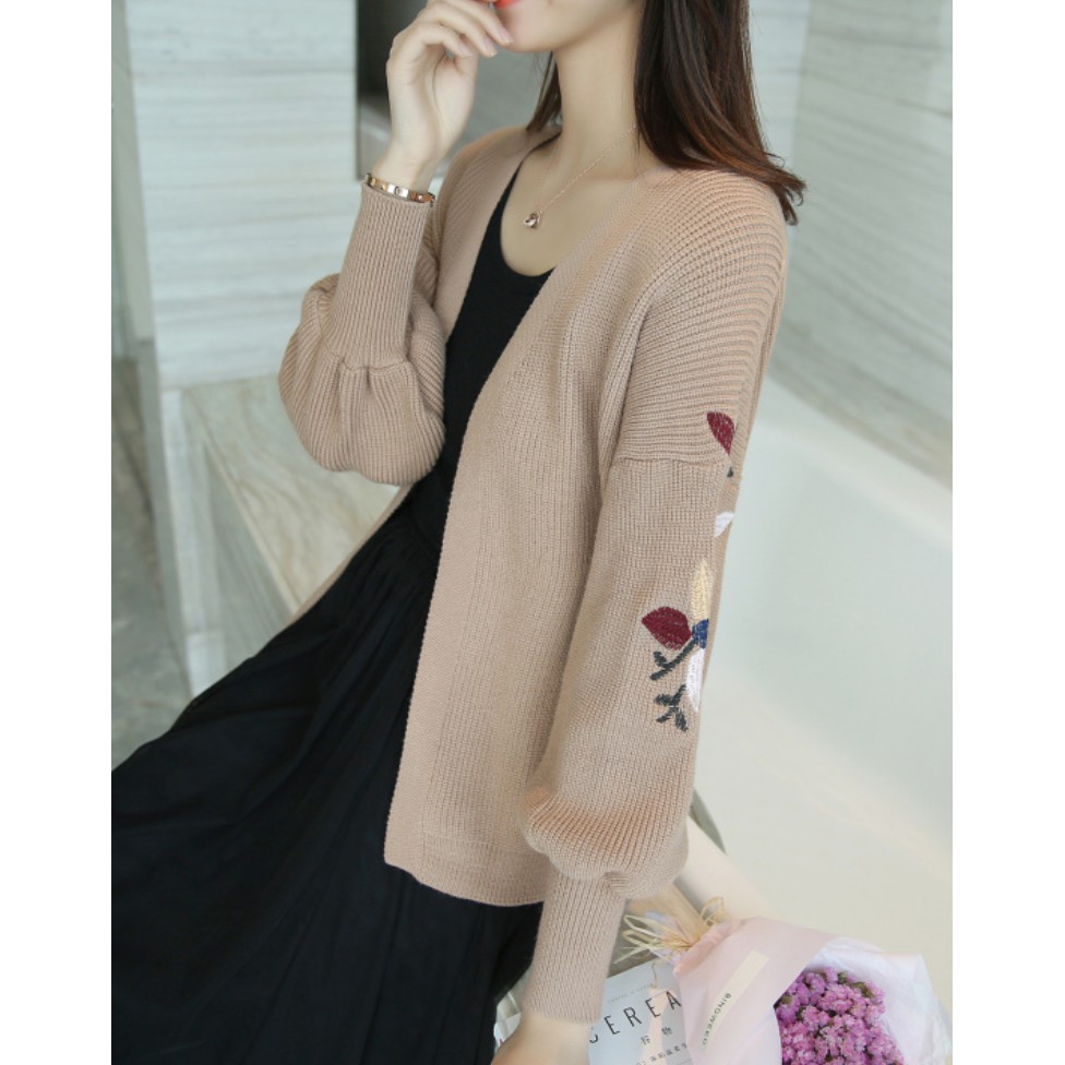 Áo Len Nữ Thu Đông Kiểu Khoác Nhẹ Cardigan Thêu Hoa Mẫu Tay Bồng May_ALN022 MayBlue-video thật