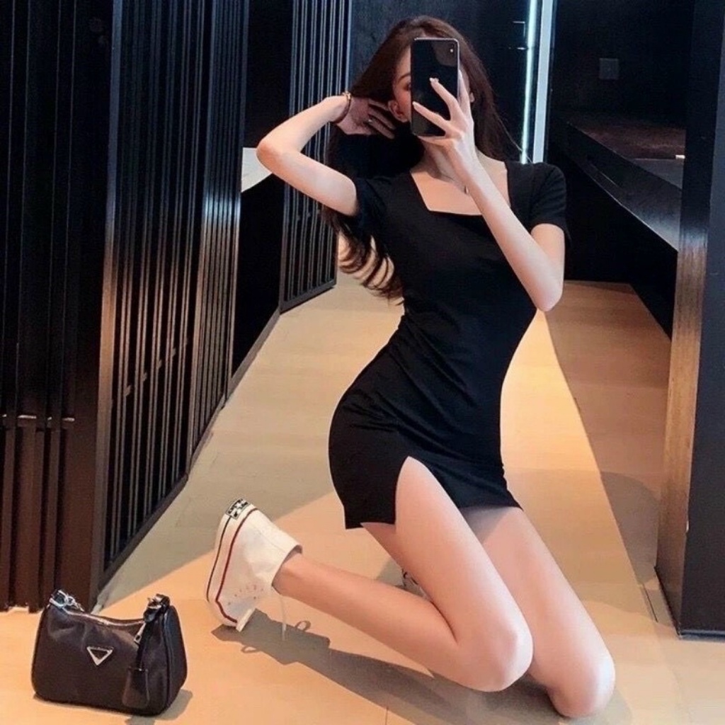 Đầm body dự tiệc xẻ tà sexy , váy cổ vuông đi chơi phong cách Hàn Quốc