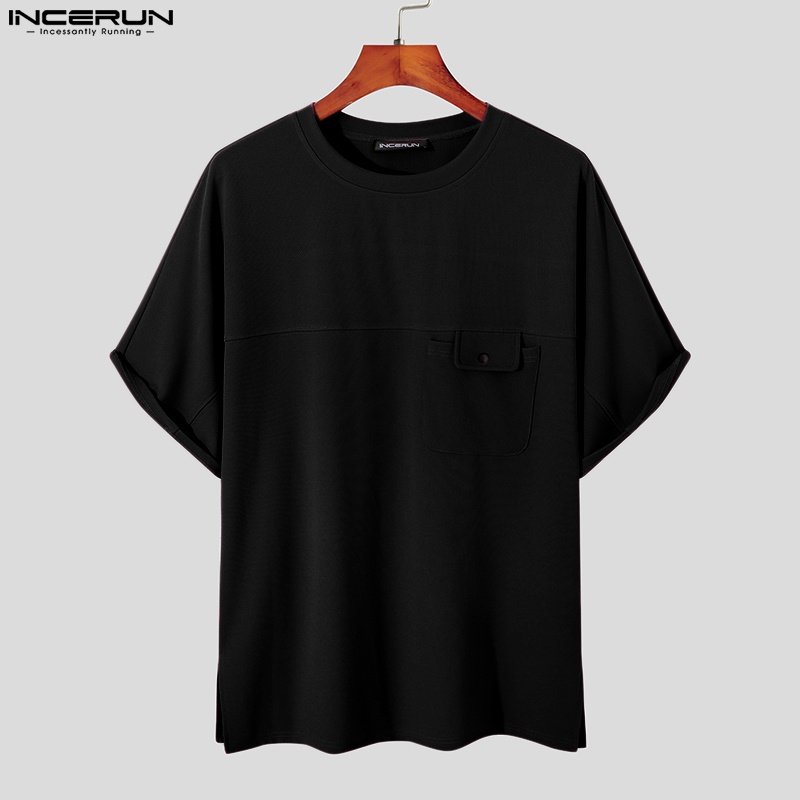 Áo thun INCERUN tay ngắn cổ tròn dáng rộng phối lưới ngọc trai phong cách Hàn Quốc độc đáo cho nam