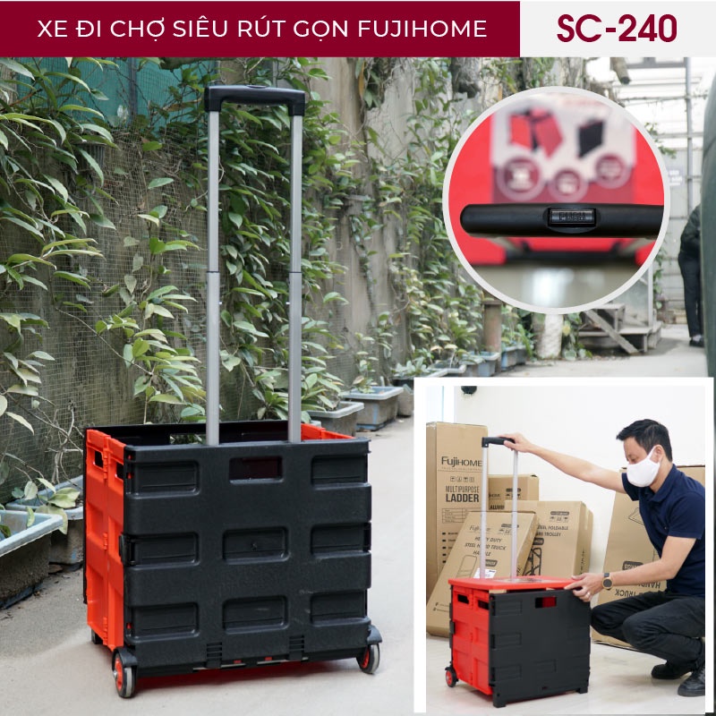 Xe đẩy hàng gấp gọn đi chợ siêu thị mini 2 bánh FUJIHOME SC-240, Chính hãng bảo hành 1 năm