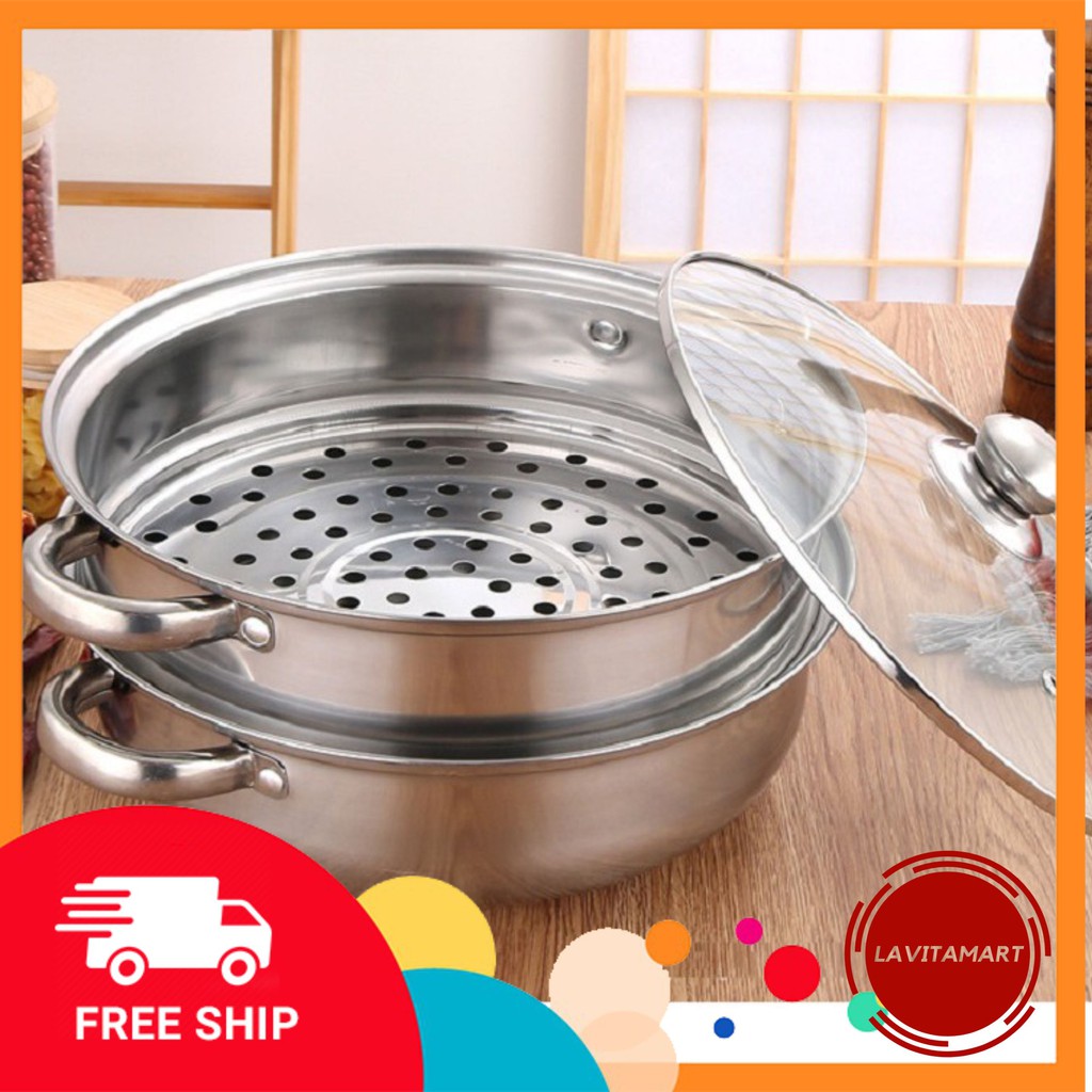 - Nồi Hấp 2 tầng inox đa năng - kèm nồi lẩu - nắp kính