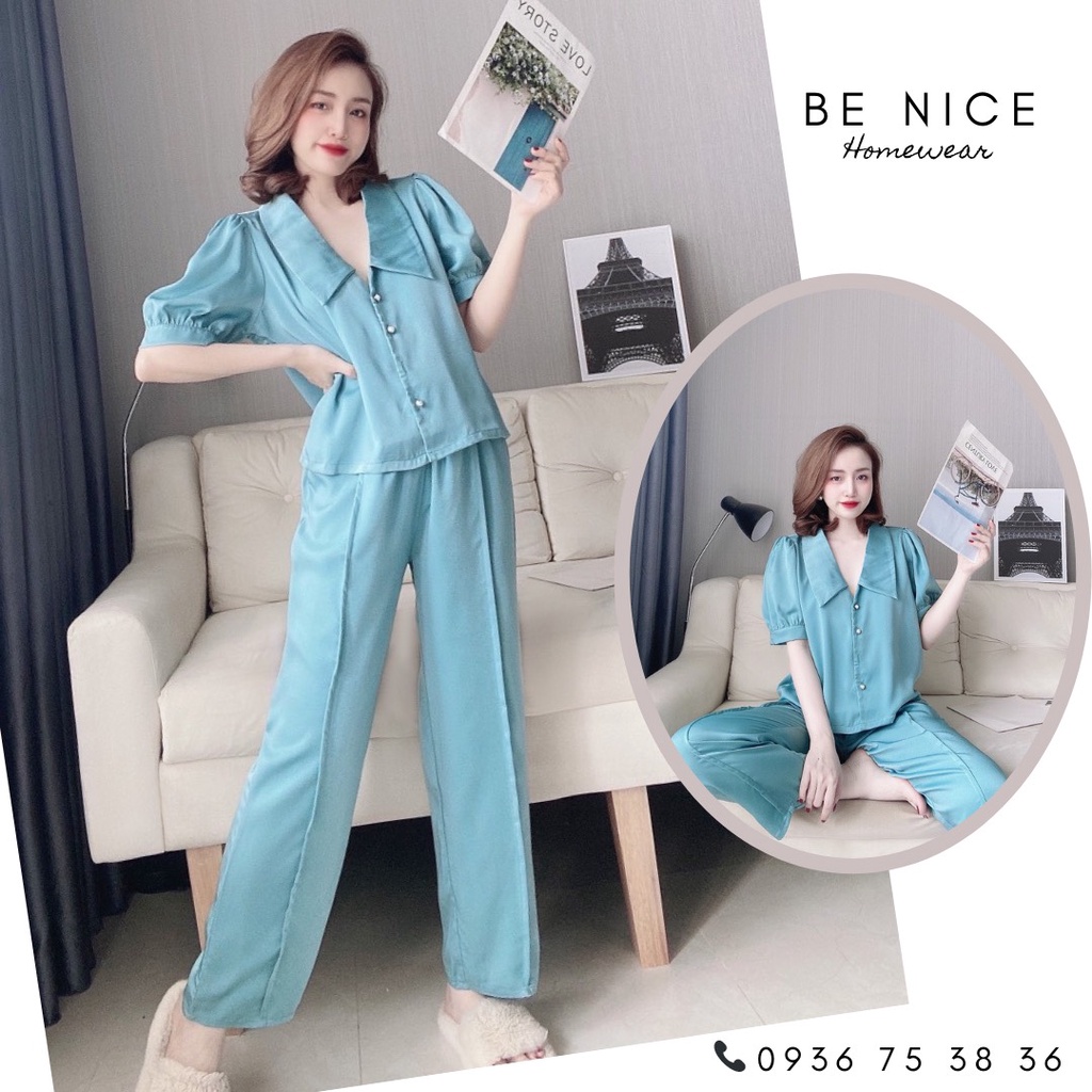 Set lụa dài cổ bẻ phối nút tay phồng xinh xắn cho nàng nhà Be Nice Homewear