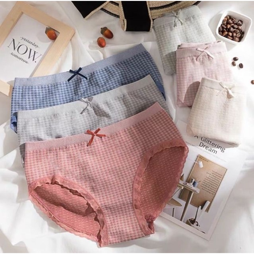 SET 3 Quần Lót Nữ Cotton Kháng Khuẩn Kẻ Caro Viền Ren Dễ Thương SEXY LOTNU02