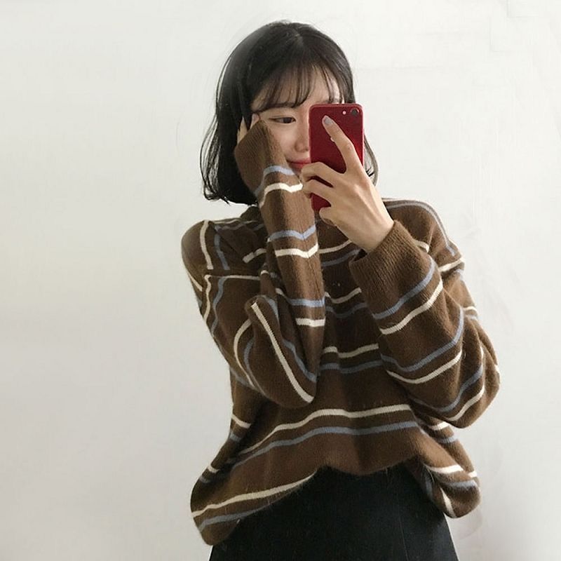 Áo Sweater Dáng Rộng Cổ Tròn Họa Tiết Kẻ Sọc Phong Cách Hàn Quốc Cho Nữ