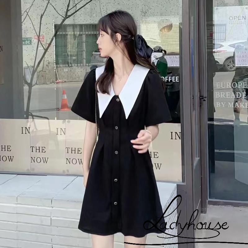 Ldd-đầm Ngắn Tay Mini Cổ Peter Pan Cài Nút Màu Sắc Tương Phản Thời Trang Mùa Hè Cho Nữ