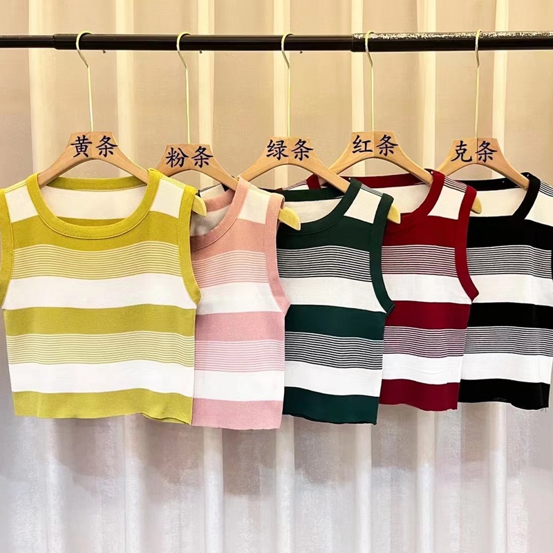Áo Tank Top Dệt Kim Sát Nách Cổ Tròn Hoạ Tiết Kẻ Sọc Phong Cách Hàn Quốc