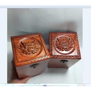 HỘP ĐỰNG CHÈ GỖ HƯƠNG ĐỤC CHẠM ĐẦU RỒNG SIÊU ĐẸP LOẠI TO CAO - ẢNH THẬT