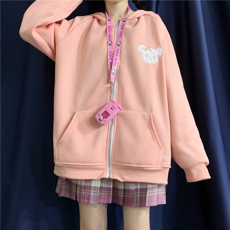 ÁO KHOÁC  NỮ VẢI NỈ CÓ TAI THỎ HOODIE MẶT GẤU THÊU | BigBuy360 - bigbuy360.vn