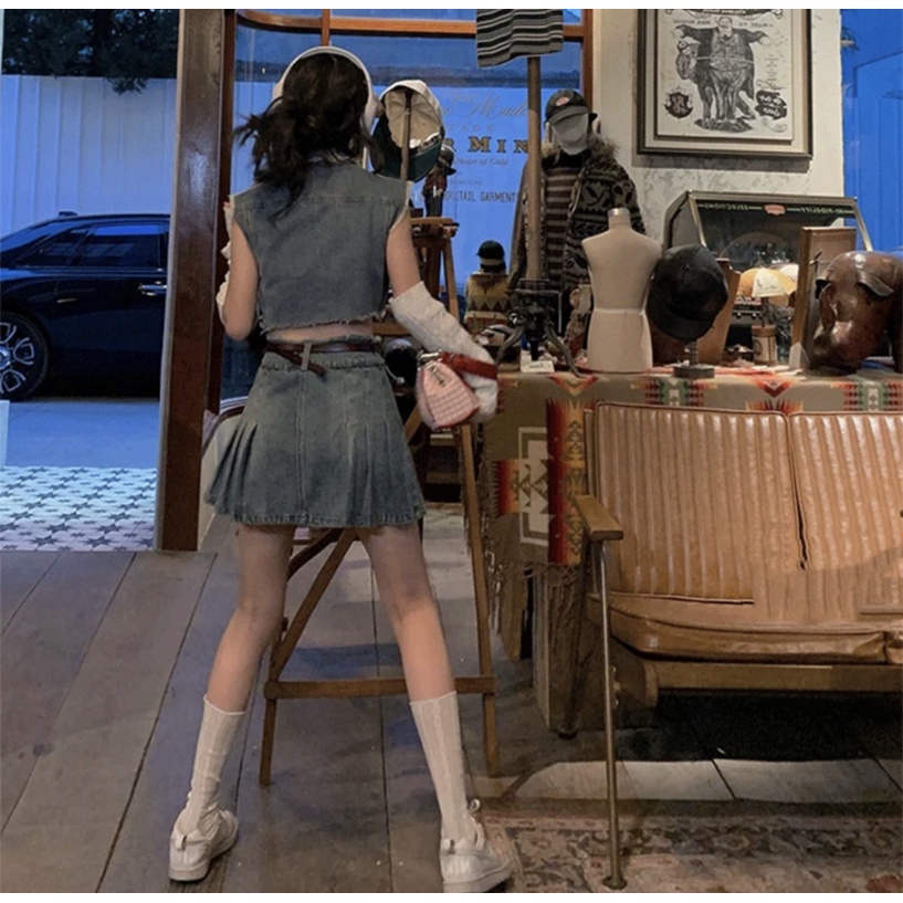 Set Áo Denim + Chân Váy Denim Lưng Cao Thời Trang Mùa Hè Dễ Phối Đồ Cho Nữ