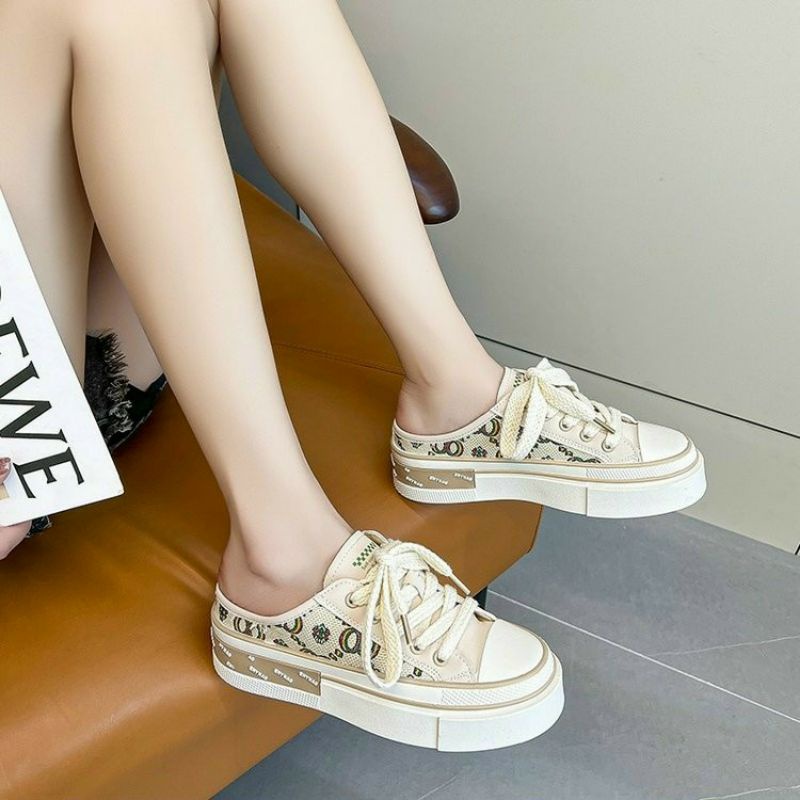 Giày sục thể thao nữ OQ đạp gót vải họa tiết thổ cẩm phong cách ulzzang hàn quốc đi chơi đi học đi làm dễ phối đồ