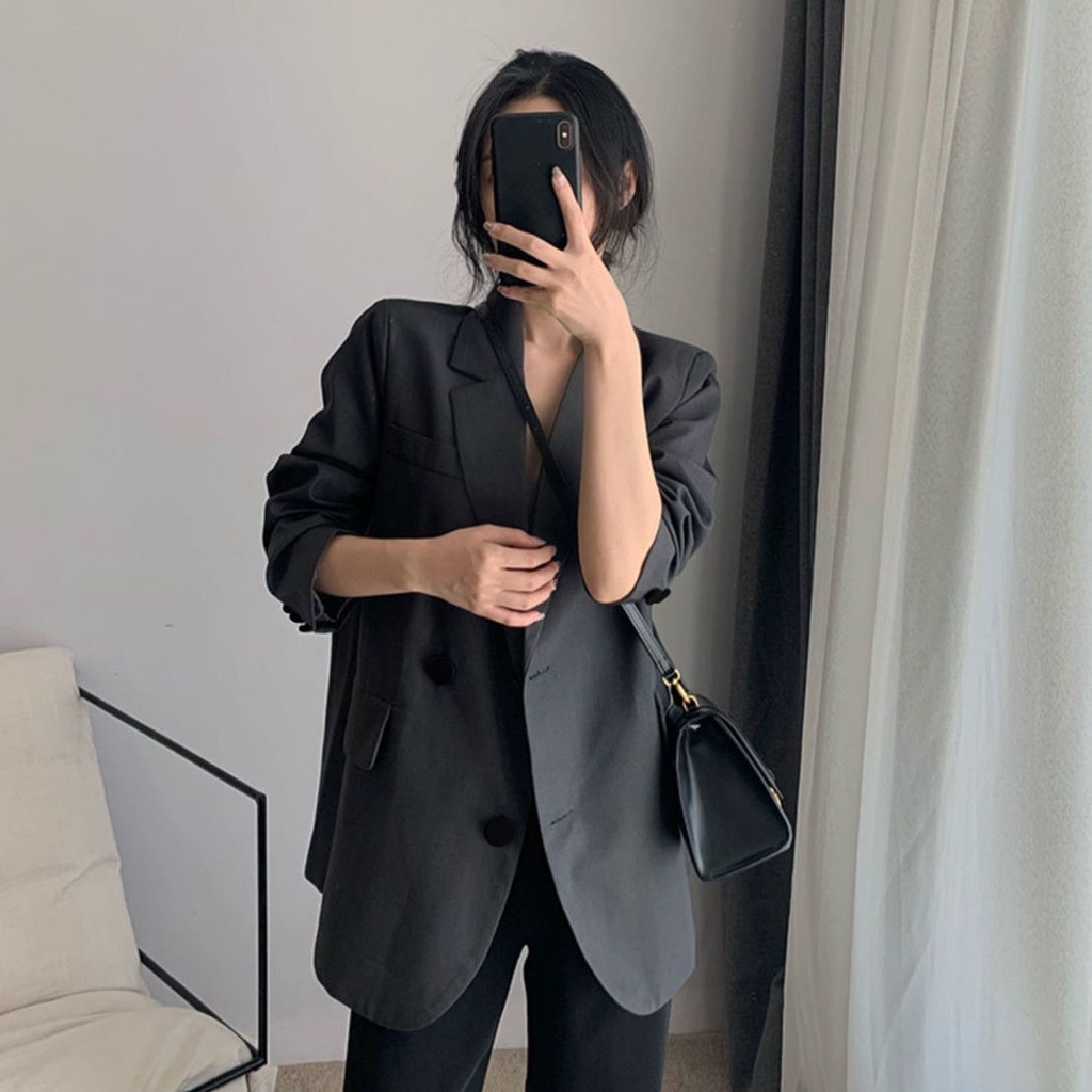 Áo khoác vest dáng dài màu xám phong cách retro Hàn Quốc thời trang xuân thu cho nữ