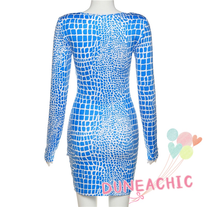 DUNEA Đầm Dài Tay Cổ Vuông In Họa Tiết Xinh Xắn Dành Cho Nữ