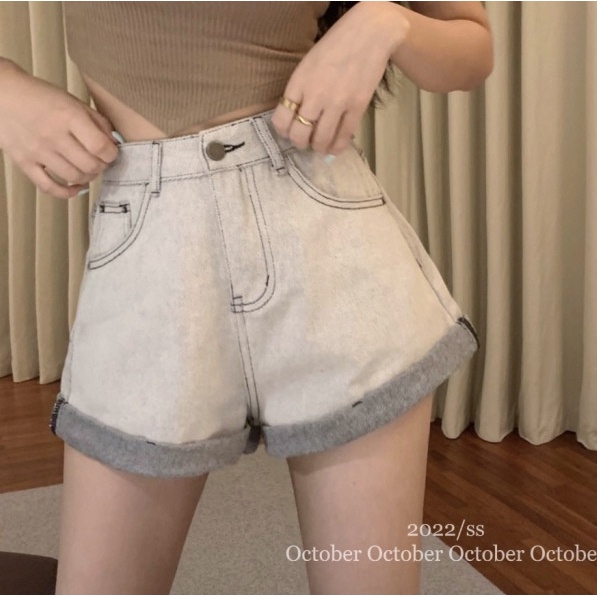 Quần Short Denim Lưng Cao Ống Rộng Thời Trang Mùa Hè Cho Nữ