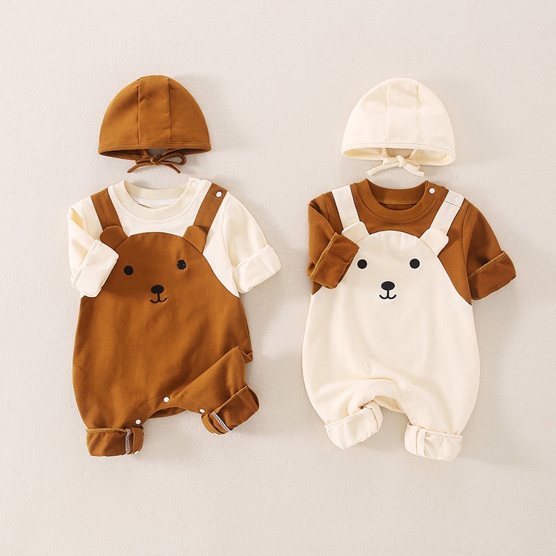 Áo liền quần cho bé mùa thu nam và nữ bé dài tay vải cotton mùa xuân và mùa thu có dây đeo giả hai mảnh