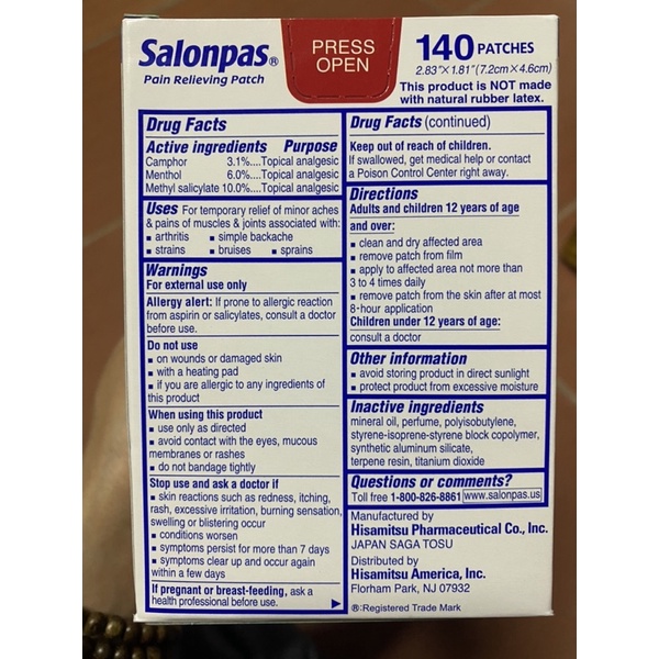 Miếng dán Salonpas 8h - Mỹ ( Tách lẻ)