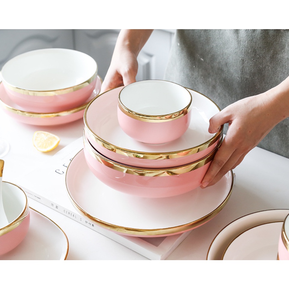 Bộ Bát Ăn Cơm. Bộ bát đĩa cao cấp,chén dĩa decor đẹp 26 món viền vàng màu hồng. Bộ Bát Đĩa Màu Hồng.