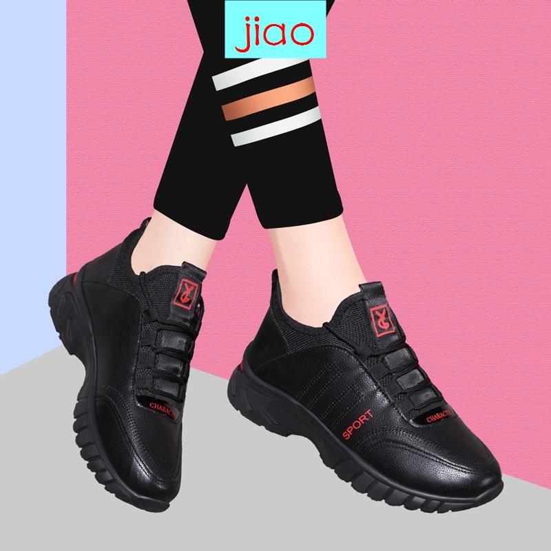 Giày thể thao bằng da mềm chống trượt chống thấm nước màu đen thoải mái thời trang cho nữ