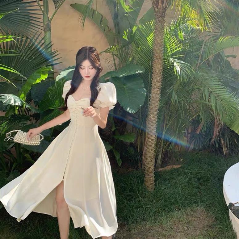 VÁY MAXI XẺ TÀ CỔ TIM KHUY NGỌC tôn dáng