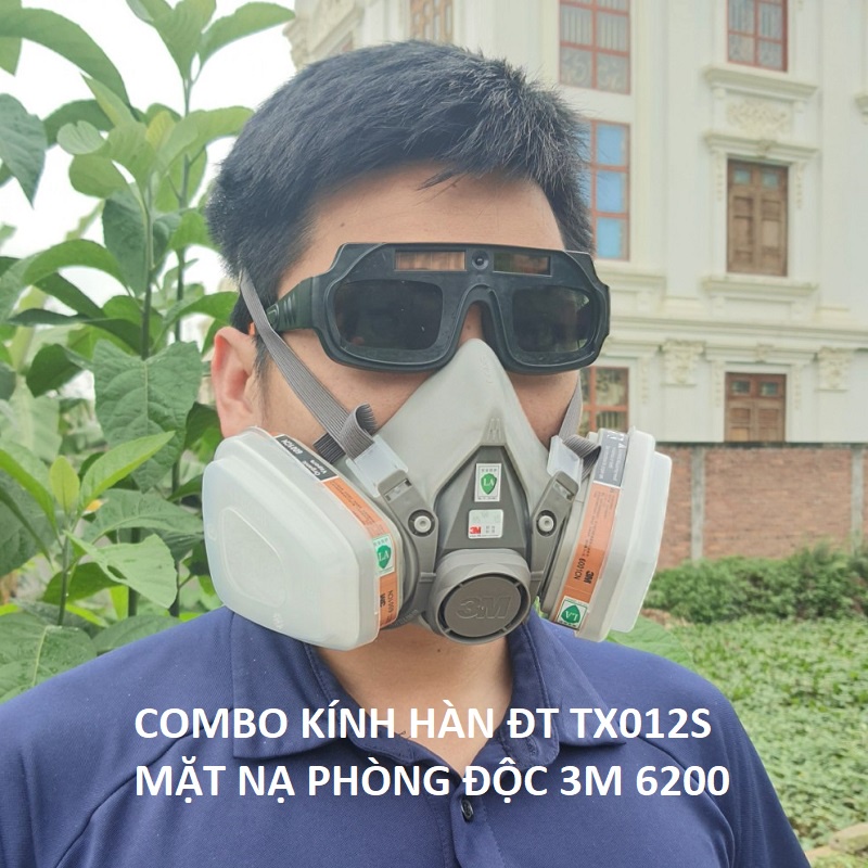 ComBo Kính Hàn Điện Tử TX 012S + Bộ Mặt Nạ Phòng Độc 3M 6200 Bảo Vệ Mắt Và Da, Khử Khói Độc Bụi Mịn