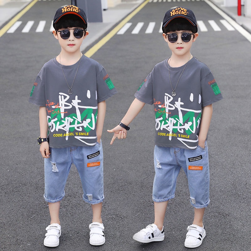 Bộ Áo Thun Tay Ngắn In Chữ Angugu 2023 + Quần Short Denim Hàn Quốc Thời Trang Mùa Hè Cho Bé Trai 3-13 Tuổi