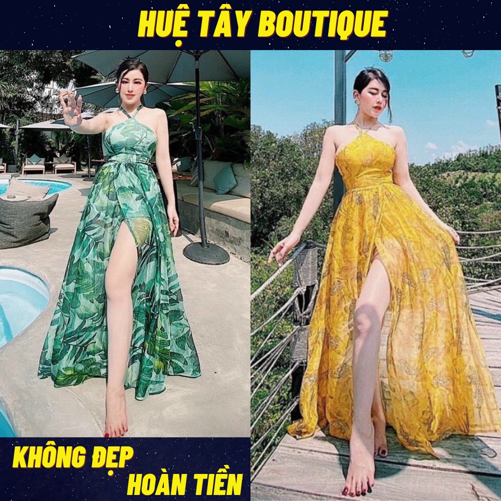 Đầm maxi nữ, đầm nữ voan cổ yếm hoạ tiết xinh 2 màu vàng, xanh SKUD-54