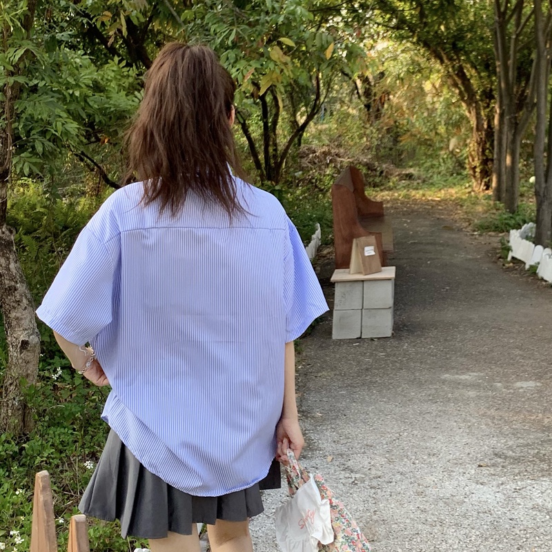 Áo Sơ Mi Tay Ngắn Kẻ Sọc Phong Cách Retro Hàn Quốc