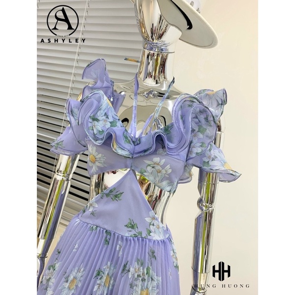 Đầm  váy maxi ASHYLEY thiết kế (HÀNG SẴN) trễ vai dập ly hoạ tiết cut eo tôn dáng Aimee closet