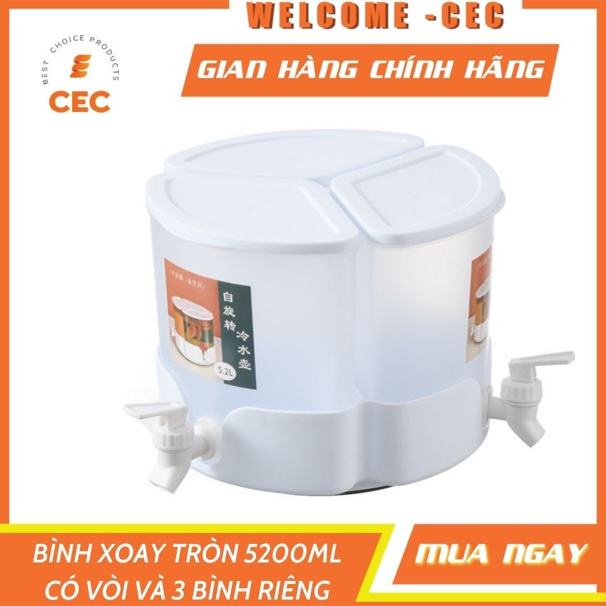 Bình đựng nước 3 ngăn riêng xoay tròn 360 kèm vòi - Bình nhựa cao cấp 5.2L tháo lắp đa năng để bàn và tủ lạnh gia đình