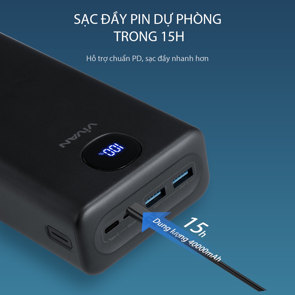 Pin Sạc Dự Phòng Sạc Nhanh 40.000mAh PD/QC 3.0/VOOC 22.5W VIVAN VPB-B40 3 Output USB-A &amp;Type C Hàng Chính Hãng