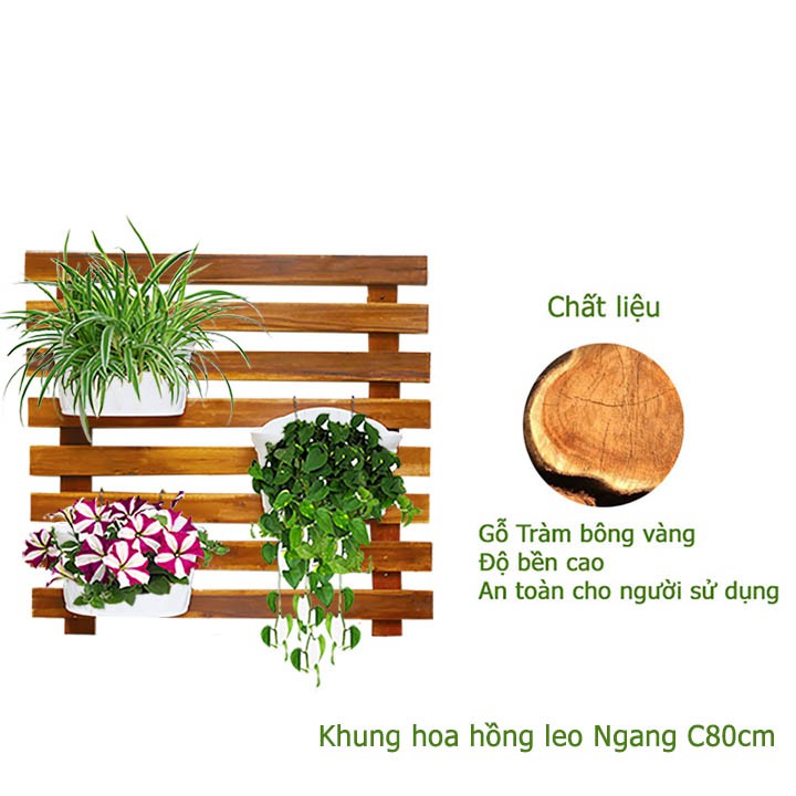 Giàn gỗ treo ban công, R80xC80cm, gỗ tràm siêu bền, màu gỗ, làm khung hoa hồng leo, bông giấy |Greenhome